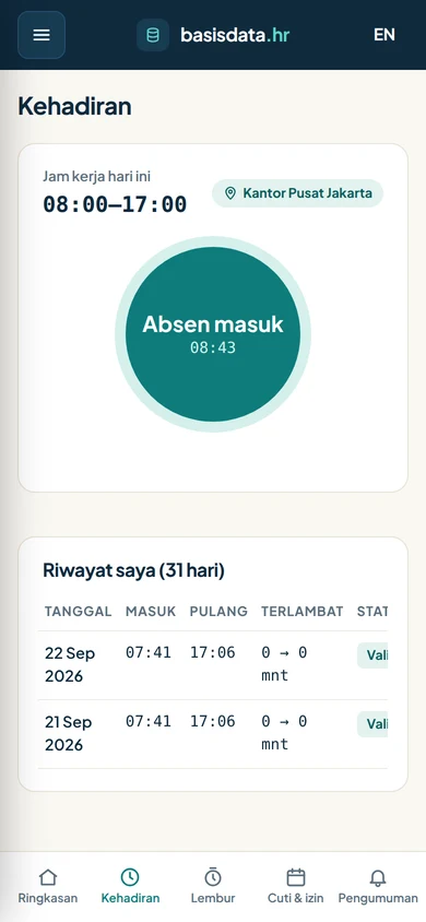 Tampilan absen masuk dari HP karyawan